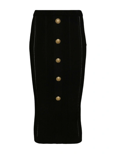 Shop Balmain Hw 5 Btn See Through Knit Midi Skirt In Pa Noir