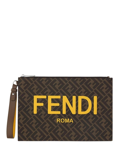 Shop Fendi Flat Pouch With Logo In Tbmr/giallo/sunf/may