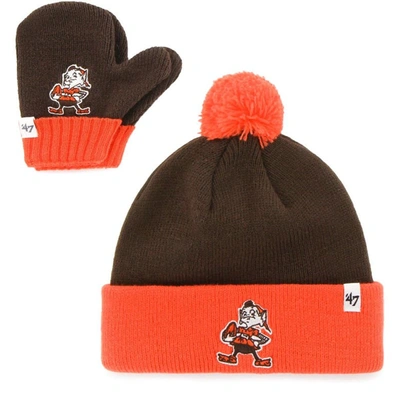 Shop 47 Infant ' Brown/orange Cleveland Browns Team Bam Bam Cuffed Knit Hat With Pom And Mittens Set