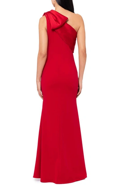Betsy & Adam Bow One-shoulder Crepe Mermaid Gown In Red