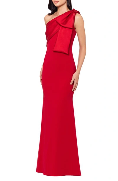 Betsy & Adam Bow One-shoulder Crepe Mermaid Gown In Red