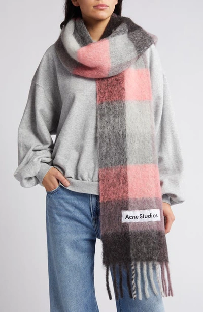 Shop Acne Studios Vally Plaid Alpaca, Wool & Mohair Blend Scarf In Mauve/ Bright Pink/ Anthracite