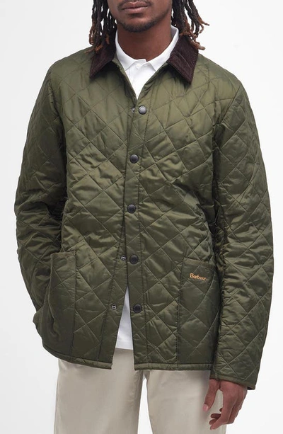 Barbour Heritage Liddesdale Green Jacket With Classic Corduroy Collar And Logo Lettering On The Front In Tec