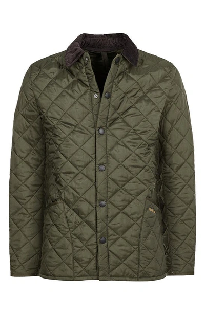 Barbour Heritage Liddesdale Green Jacket With Classic Corduroy Collar And Logo Lettering On The Front In Tec