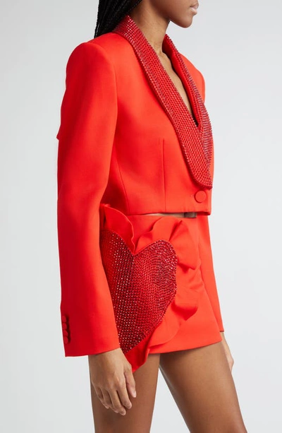Shop Area Crystal Embellished Cutout Crop Stretch Wool Tuxedo Jacket In Scarlet