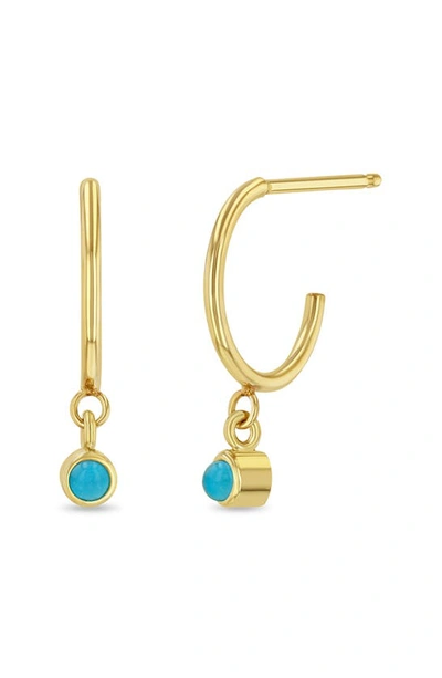 Shop Zoë Chicco Dangling Turquoise Mini Huggies In 14k Yellow Gold