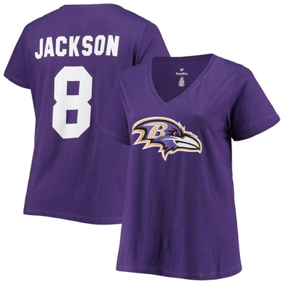 Fanatics Lamar Jackson Purple Baltimore Ravens Plus Size Fair Catch Name & Number V-neck T-shirt In Purple
