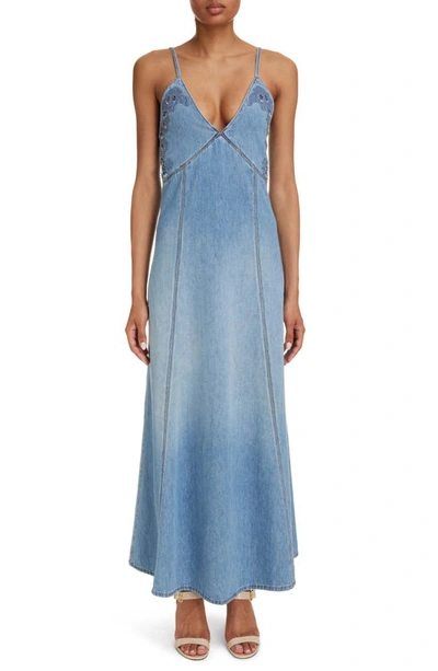 Shop Chloé Cutwork Embroidered Denim A-line Dress In Foggy Blue