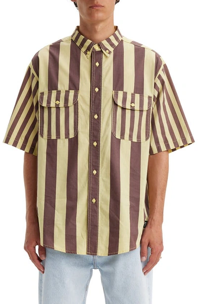 Shop Levi's Skateboarding Oversize Stripe Short Sleeve Button-down Shirt In Banana Split Brown Yellow