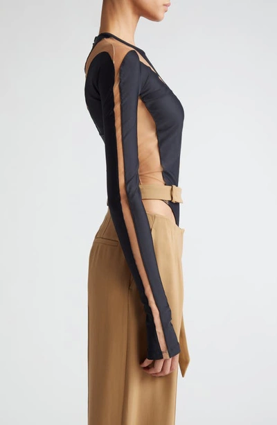 Shop Mugler Illusion Inset Long Sleeve Bodysuit In Black Nude 01