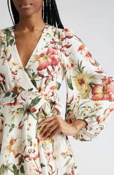 Shop Zimmermann Lexi Floral Long Sleeve Linen Wrap Dress In Ivory Palm