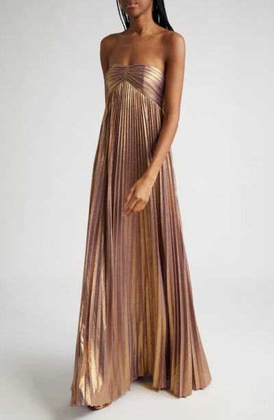 Shop Retroféte Lyanna Metallic Pleated Strapless Gown In Purple/ Gold