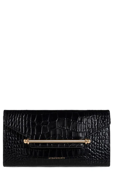 Shop Strathberry Multrees Croc Embossed Leather Wallet On A Chain In Black