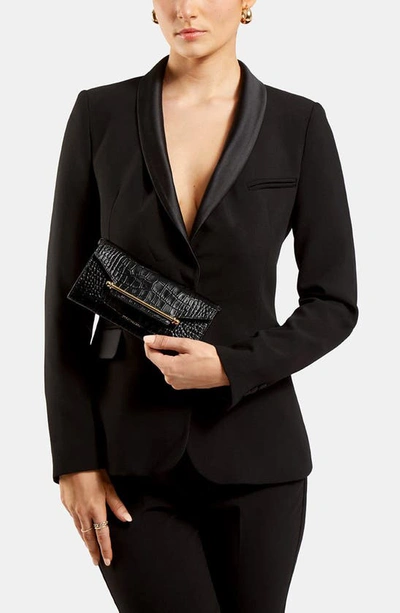 Strathberry Multrees Croc Embossed Leather Wallet On A Chain In Black