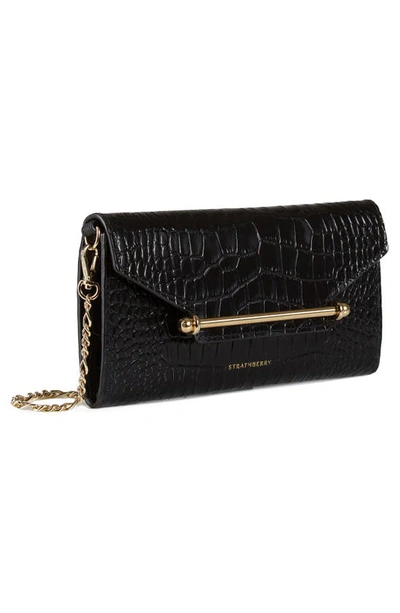 Shop Strathberry Multrees Croc Embossed Leather Wallet On A Chain In Black