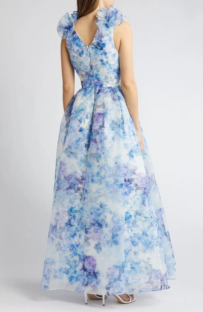 Shop Julia Jordan Ruffle Floral Gown In Ivory/ Blue