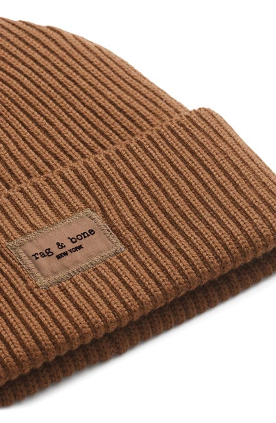 Rag & Bone Blake Logo Patch Wool Blend Rib Beanie In Toffee