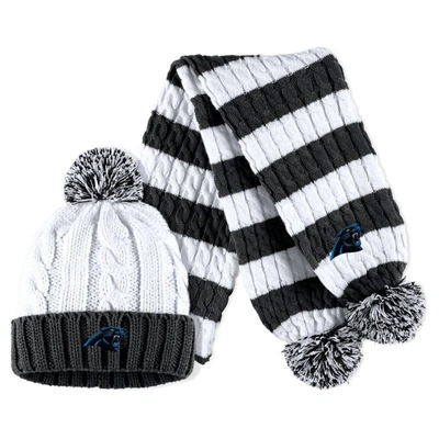 Shop Wear By Erin Andrews Black/white Carolina Panthers Cable Stripe Cuffed Knit Hat With Pom And Scarf