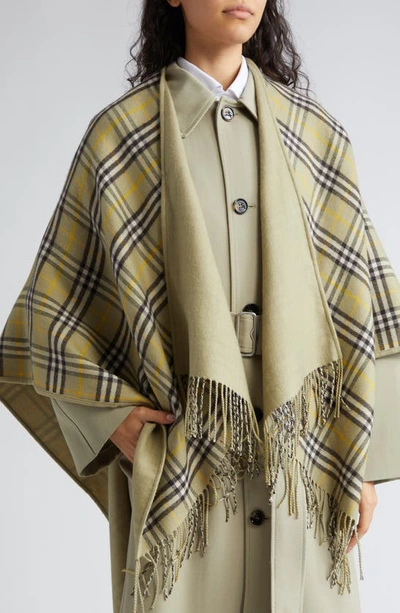 Shop Burberry Fringed Wool Reversible Cape In Hunter