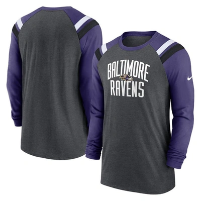 Shop Nike Heathered Charcoal/purple Baltimore Ravens Tri-blend Raglan Athletic Long Sleeve Fashion T-shir In Heather Charcoal