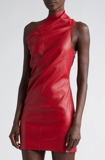 Shop Rick Owens Athena One-shoulder Stretch Leather Minidress In Cardinal Red