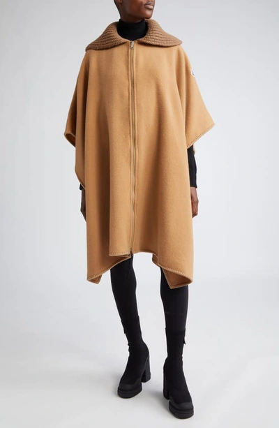 Shop Moncler Mixed Media Wool Cape In Sand