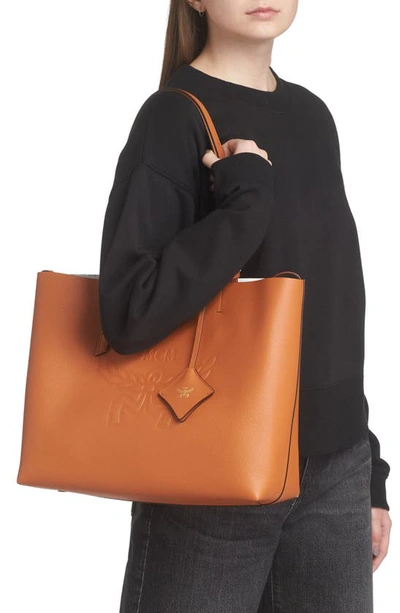 Mcm Medium Lauretos Reversible Leather Shopper Bag In Cognac