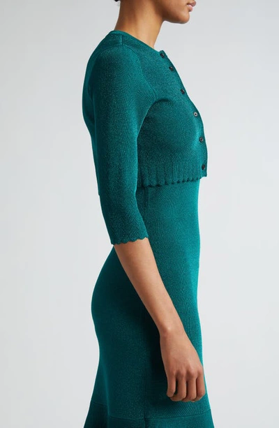 Shop Victoria Beckham Metallic Crop Cardigan In Green