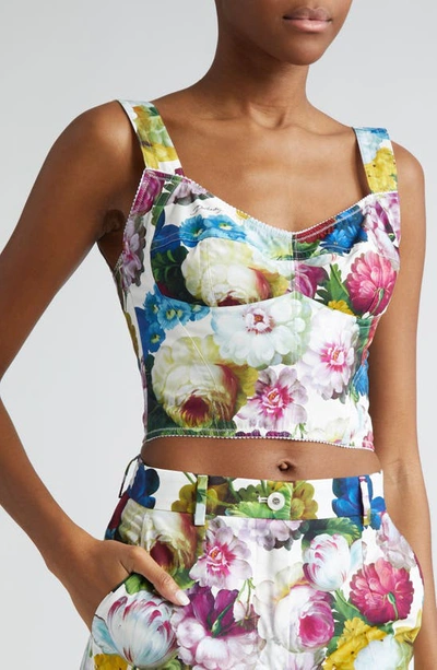 Dolce & Gabbana White Polka Silk Corset Bustier Top In Fiore Notturno