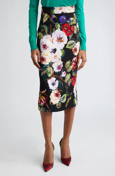 Dolce & Gabbana Floral Print Silk Midi Skirt In Hn4yaroseto Fdo Nero