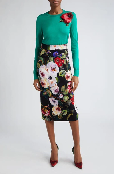 Dolce & Gabbana Floral Print Silk Midi Skirt In Hn4yaroseto Fdo Nero