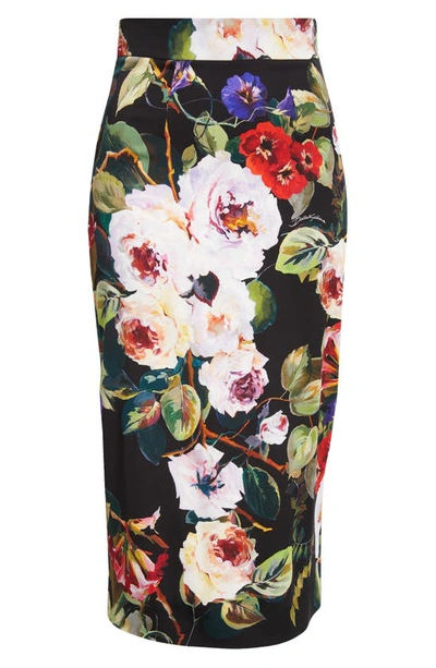 Shop Dolce & Gabbana Floral Print Charmeuse Pencil Skirt In Hn4yaroseto Fdo Nero