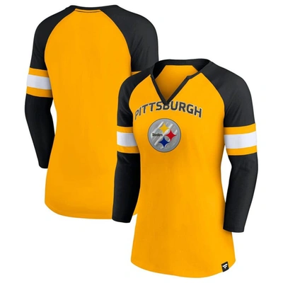 Shop Fanatics Branded Gold/black Pittsburgh Steelers Arch Raglan 3/4-sleeve Notch Neck T-shirt