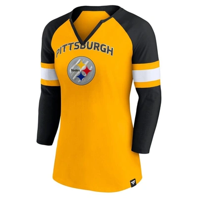 Shop Fanatics Branded Gold/black Pittsburgh Steelers Arch Raglan 3/4-sleeve Notch Neck T-shirt