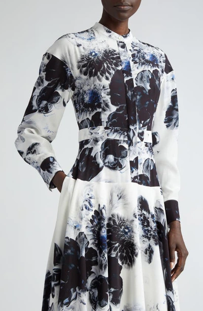 Shop Alexander Mcqueen Chiaroscuro Floral Long Sleeve Silk Shirtdress In Ink