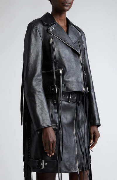 Shop Alexander Mcqueen Fringe Trim Leather Biker Jacket In Black