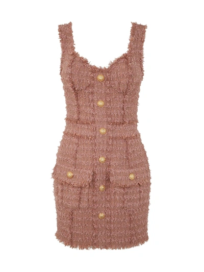 Shop Balmain Sleeveless Tweed Buttoned Mini Dress In Am Nude Fonce