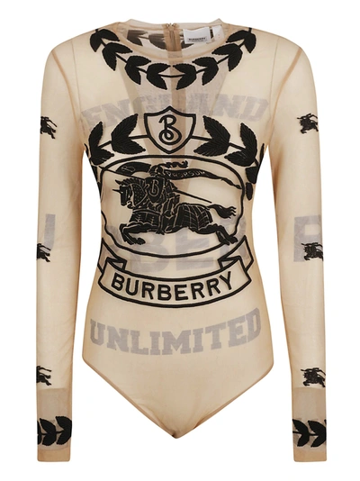Shop Burberry Logo Embroidered Bodysuit In Beige