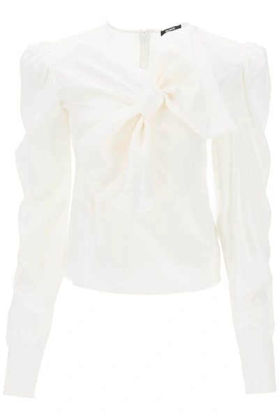Shop Balmain Satin Blouse With Maxi Bow In Blanc (white)