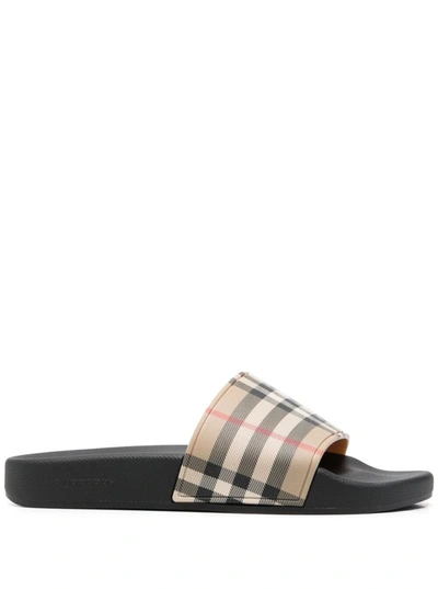 Shop Burberry Brown Slides Sandals With Vintage Check Motif In Polyurethane In Beige