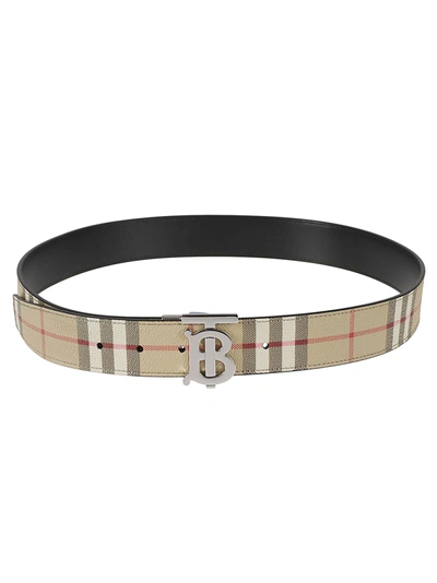 Shop Burberry Tb Buckled Check Belt In Beige