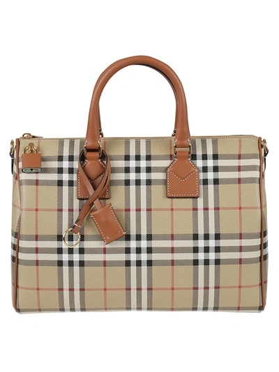 Shop Burberry Top Handle Check Tote In Beige