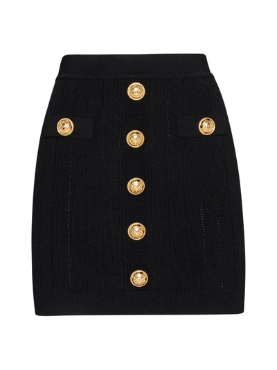Shop Balmain Black Knit Short Skirt With Gold Buttons
