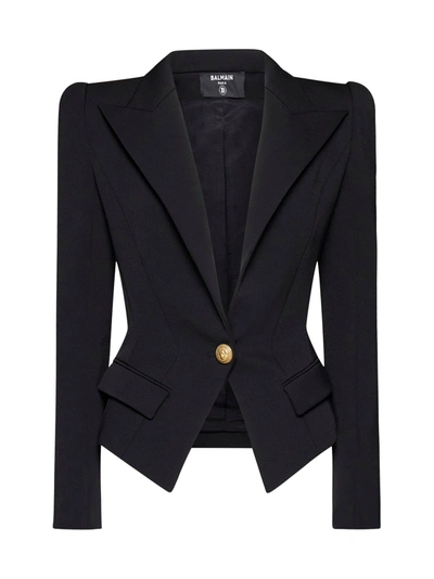 Shop Balmain Black Cotton Blend Blazer Jacket