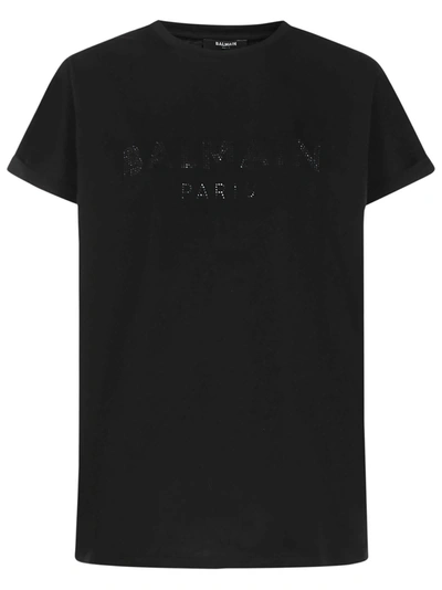 Shop Balmain Black Crewneck T-shirt With Tonal Rhinestones Logo Detail In Cotton Woman