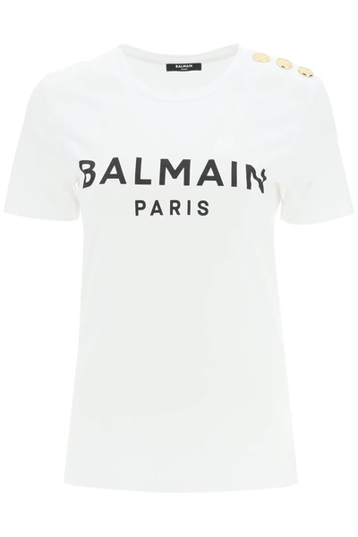Shop Balmain White T-shirt With Black Logo And Golden Buttons In Blanc/noir