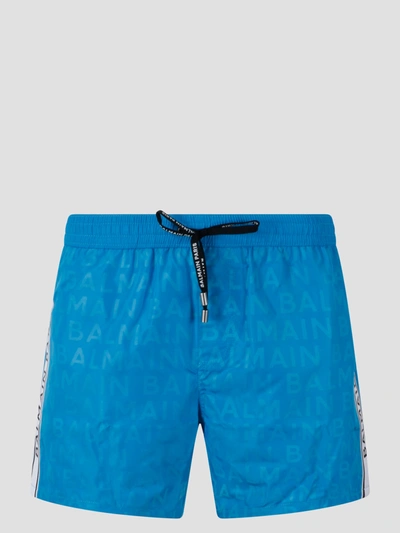 Shop Balmain Logo Swim Shorts In Blue