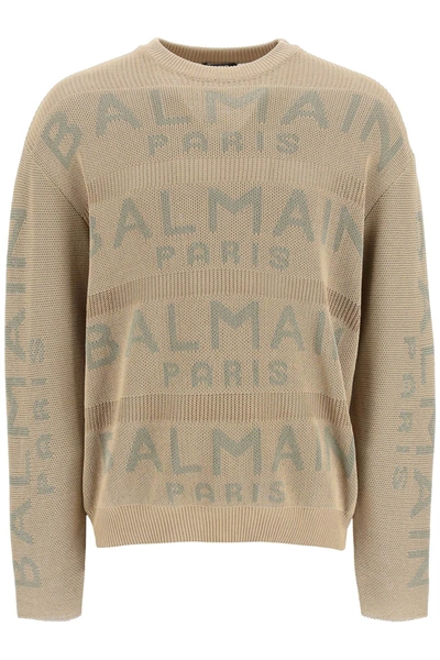 Shop Balmain Oversized Cotton Logo Sweater In Brown