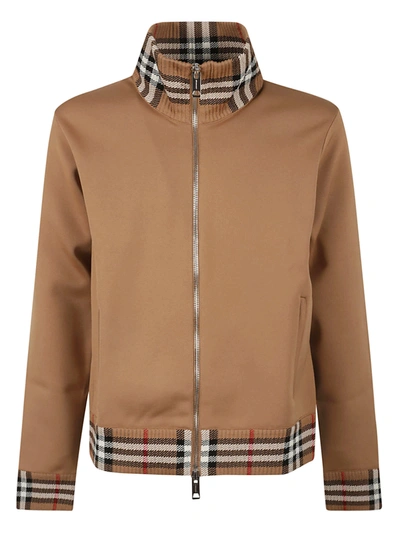 Shop Burberry Check Detail Zip Jacket In Brown