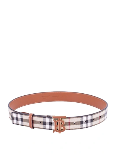 Shop Burberry Tb Check Pattern Beige Belt In Brown